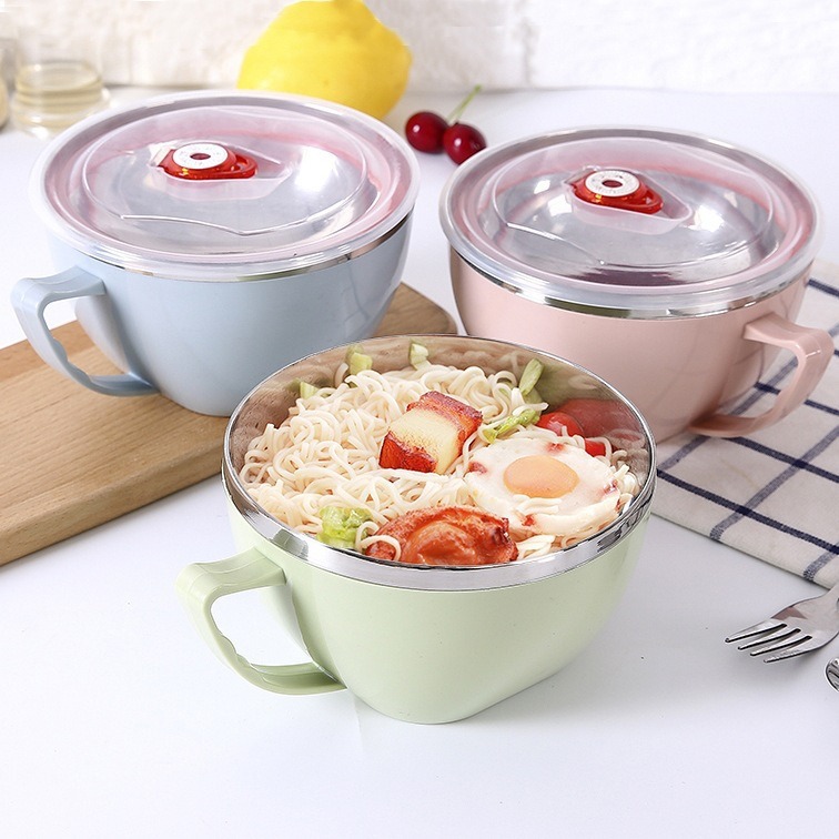Tazón de fideos instantáneos de acero inoxidable creativo estilo coreano doble capa aislamiento térmico tazón de fideos instantáneos adulto anti-escaldado aislamiento crisper con tapa