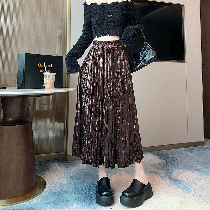 厚手の金のベルベットの半身のスカートの女性の秋冬の小さい背の中の長いタイプは腰を緩めてやせているしわのa字の百の傘のスカートを現します。|undefined