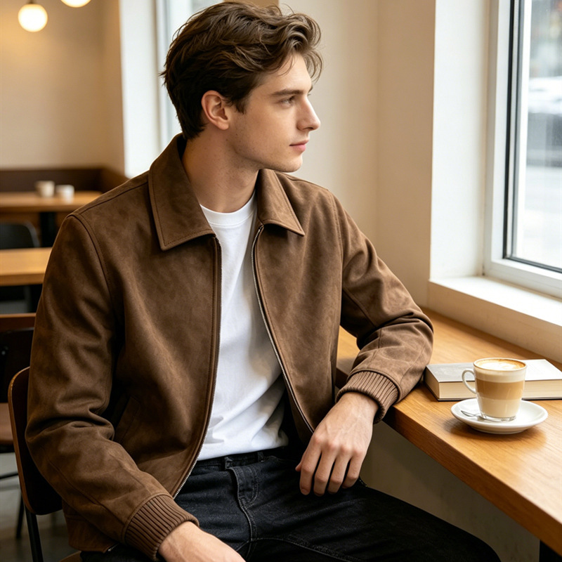 American retro suede leather jacket for men, autumn and winter, with a high-end, stylish, and casual vibe