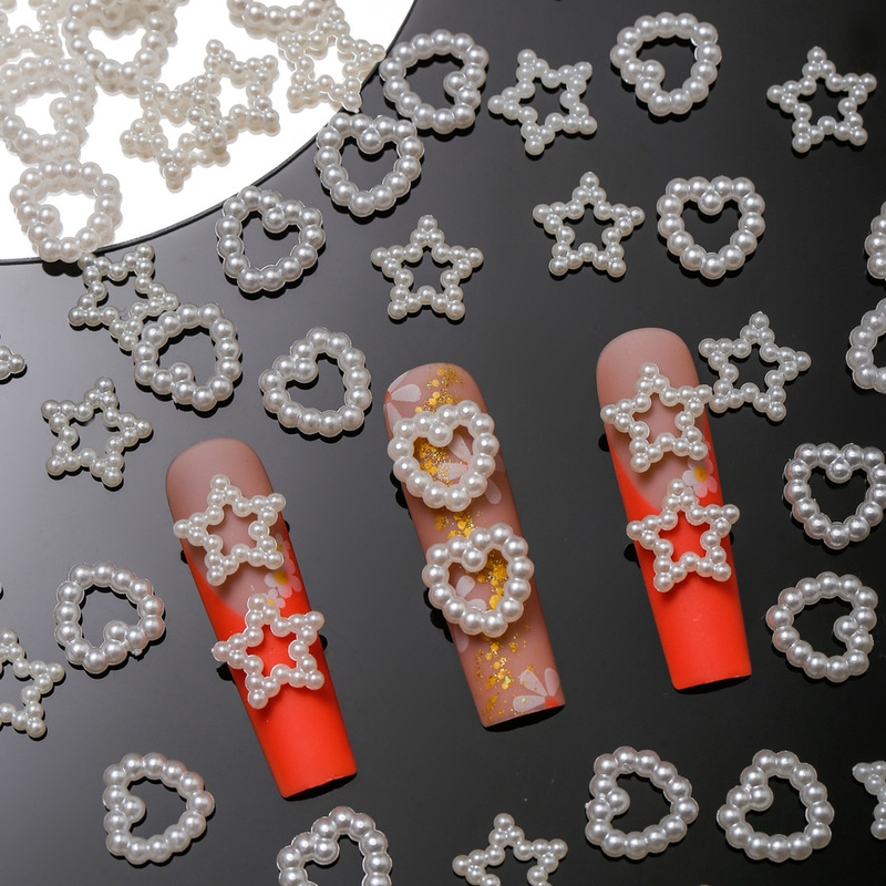Cross-border Pearl Heart Love Nail Art Jewelry Hollow Acrylic Star creamy-white Five-pointed Star Resin Nail Sticker Cross-border Pearl Heart Love Nail Art Jewelry Hollow Acrylic Star creamy-white Five-pointed Star Resin Nail Sticker