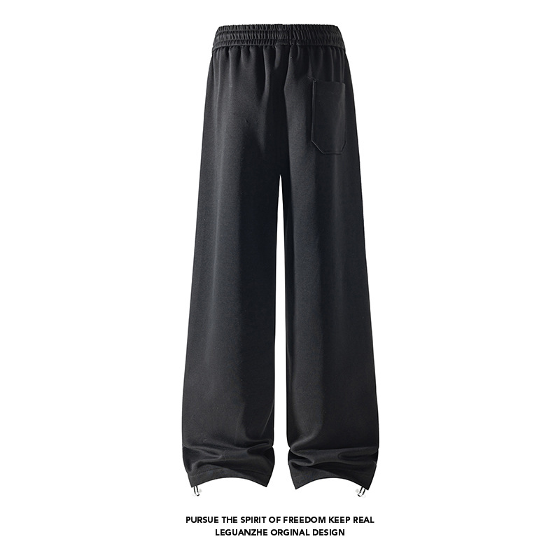 Black Curved Hem Air-layer Drawstring Sweatp For Men, Spring Cleanfit High Street Patchwork Striped Retro Wide-leg_voghion.com