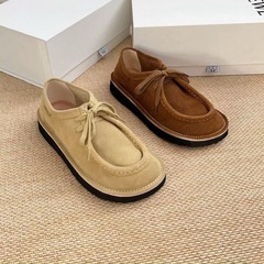 大头乐福鞋女高版2025秋新款英伦麂皮厚底系带平底深口真皮单鞋