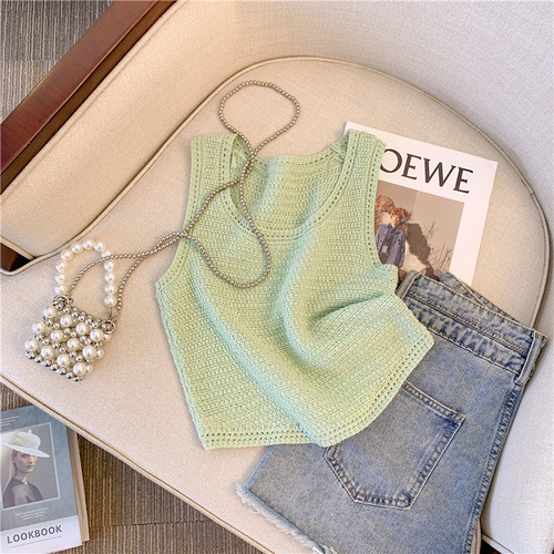 High-end mint-green knitted camisole with spaghetti straps, women's summer edgy short top made from ice-silk fabric