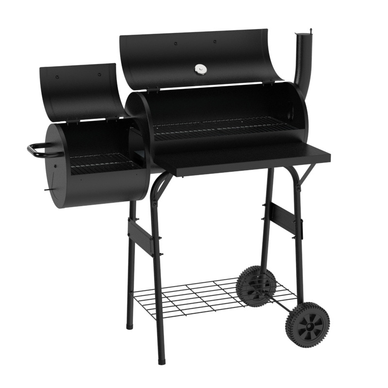 Parrilla de carbón de doble barril en stock con un gran y grueso soporte para barbacoa al aire libre de estilo americano para ahumar y asar en el patio.