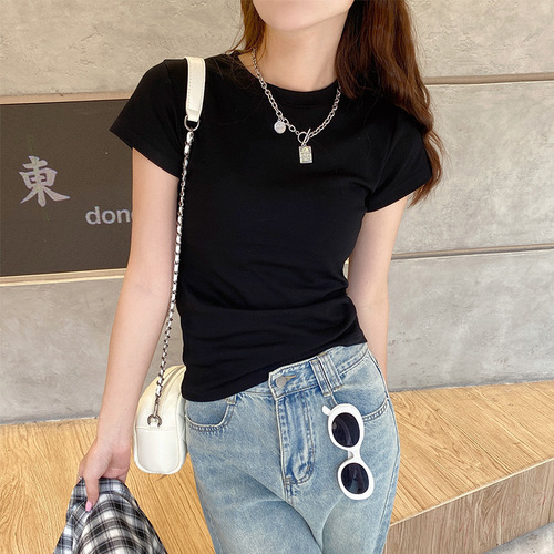 New American-style solid color summer women's slimming black round neck short-sleeved T-shirt with elasticity