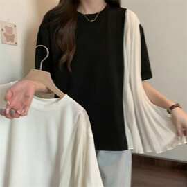 大码百褶雪纺拼接短袖T恤女夏季新款胖MM遮肉宽松显别致上衣服