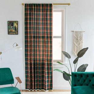 American Curtain Wearing Rod Christmas Holiday Green Plaid Retro Small Curtain Semi-Shading Floating Curtain White Whiskers Lace Net
