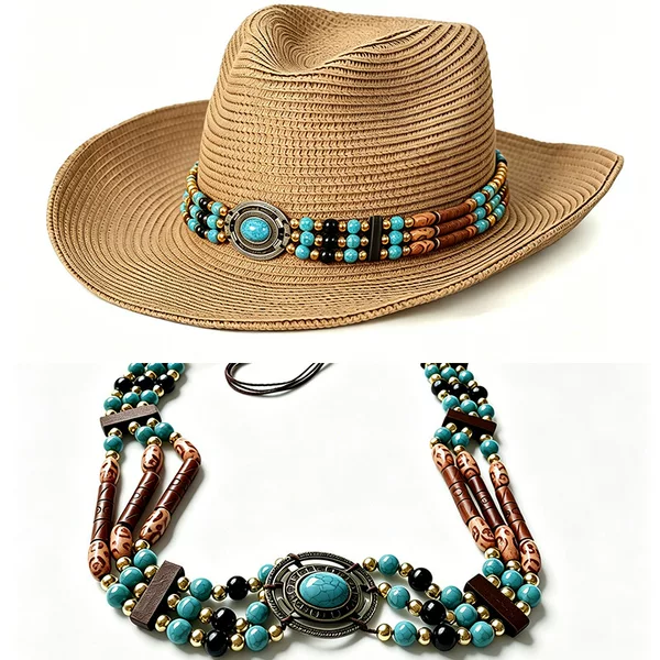 Cross-Border Women's Western Cowboy Hat Replacement Strap with Wooden Beads, Men's Blue Turquoise Adjustable Strap-Style Hat Band