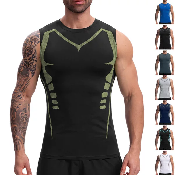 Men's Summer Quick-Dry Sports Sleeveless Vest, Black, with High-Elastic Compression Design, Breathable and Sweat-Absorbent for Fitness and Running