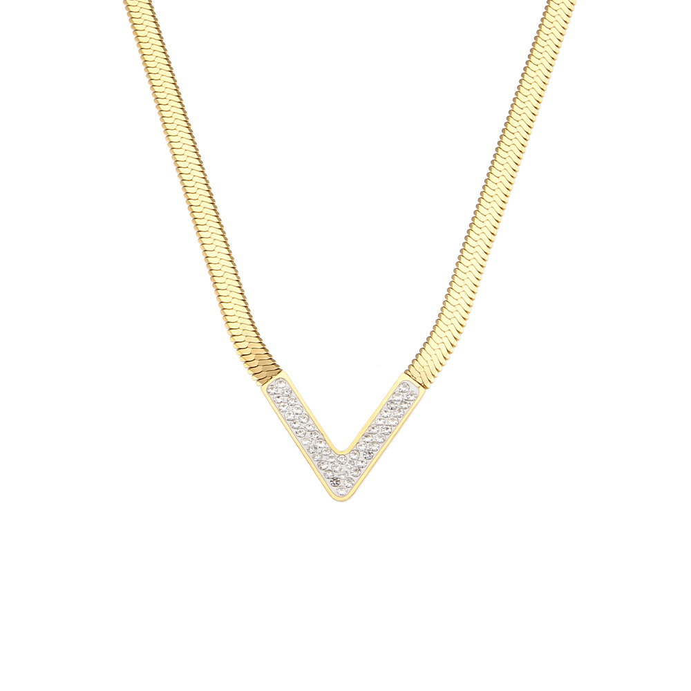 Fashion V-Shaped White Shell Malachite Flat Snake 18K Gold Stainless Steel Necklace