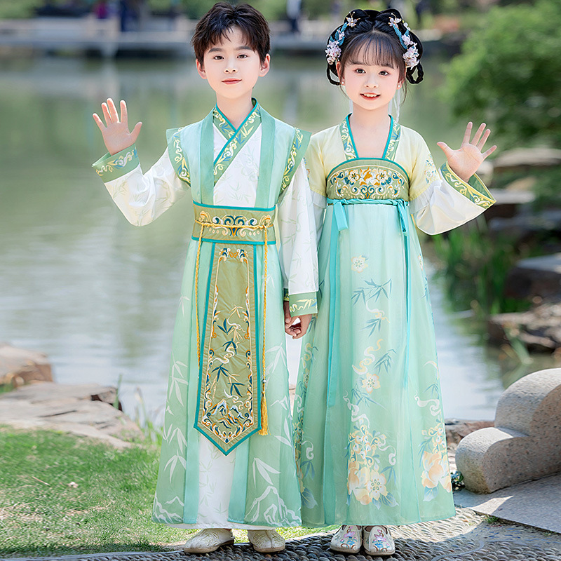 Guoxue Clothing for Boys and Girls Hanfu Ancient Clothing June 1 Performance Clothing Tang Suit Children's Book Children's Three-Character Suit Performance Clothing for Students