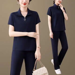 中年妈妈运动服套装女2026新款夏季休闲冰丝短袖polo衫两件套薄款