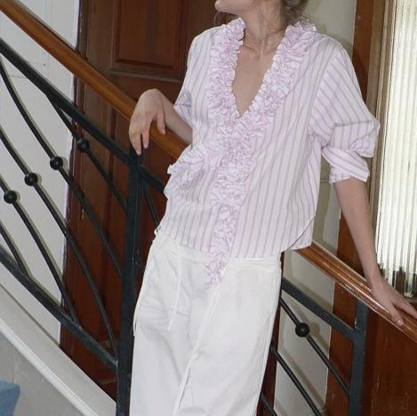 Minebethyves Light Pink Lace V-Neck Striped Shirt French-Style Lazy Shirt