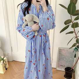 韩国ins女士春款女睡裙条纹草莓绣花甜美度假风可外穿家居服批发