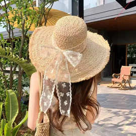 法式蝴蝶结系带圆顶拉菲草草帽女夏季海边大帽檐遮阳太阳帽子甜美