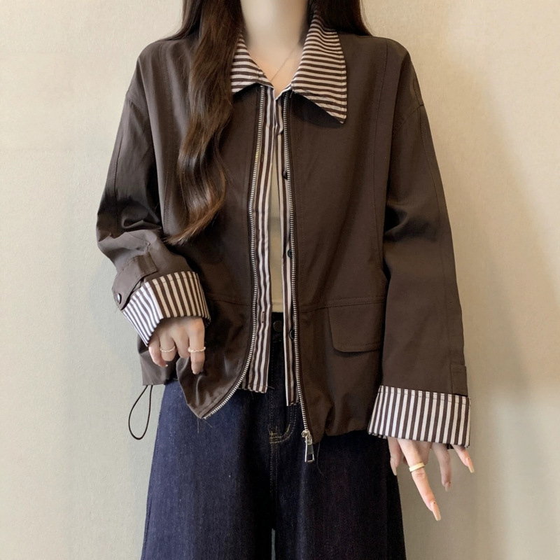 Stylish short jacket cardigan for women, spring/autumn 2026, plus size, designed to look like a two-piece striped top Stylish short jacket cardigan for women, spring/autumn 2026, plus size, designed to look like a two-piece striped top