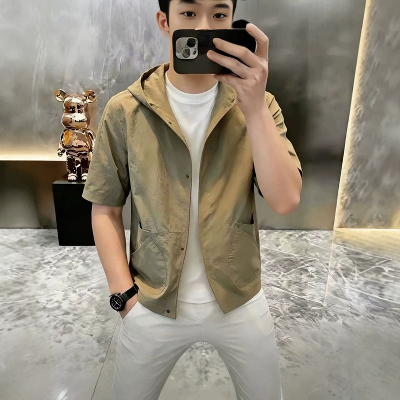 Summer Men's Hooded Short-Sleeve Shirt with Pocket Design, Stylish Casual Versatile Jacket, Trendy Men's Fashion