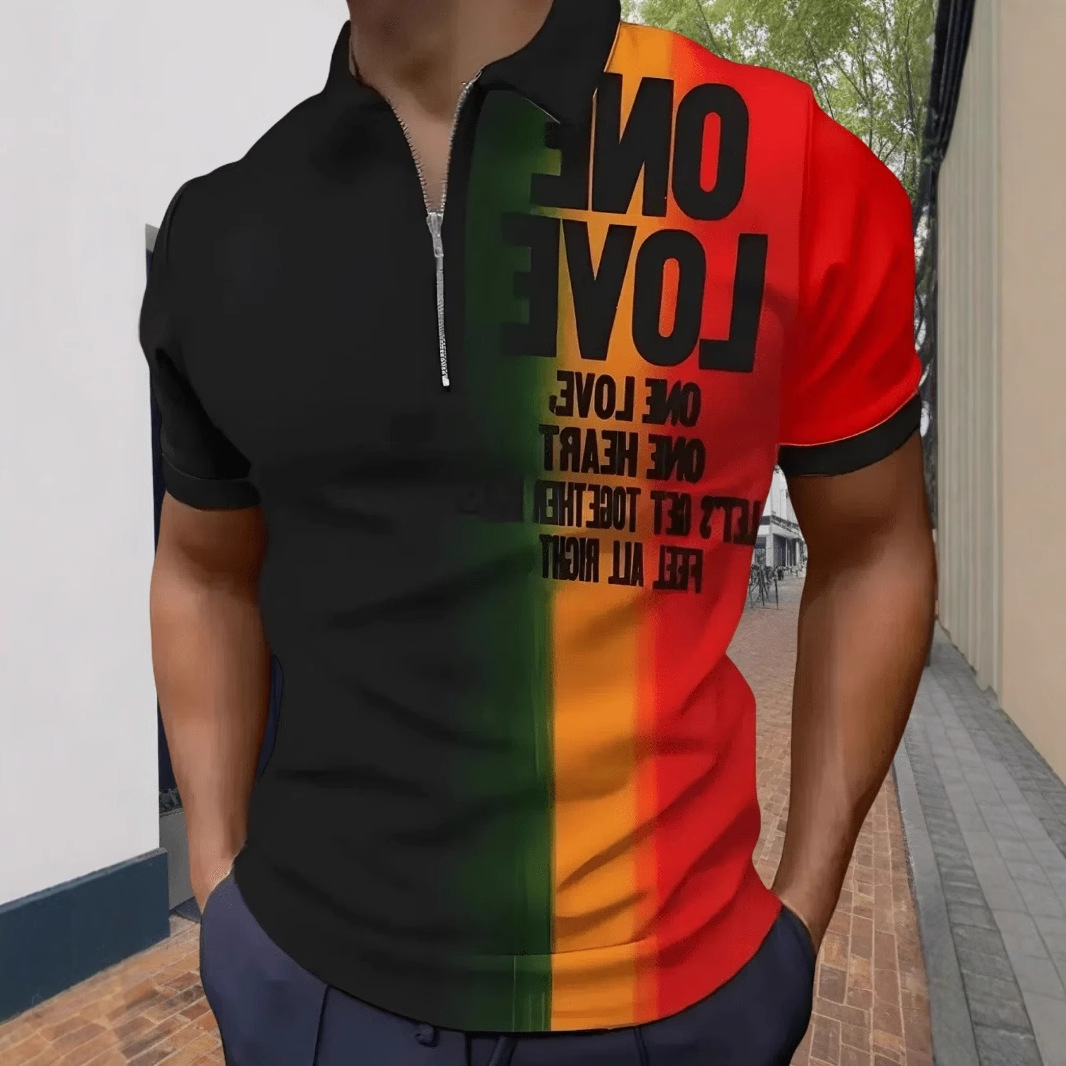 Lema de rayas de color degradado colorido de la calle principal con estampado 3D Camisa POLO con cremallera de manga corta suelta casual para hombres