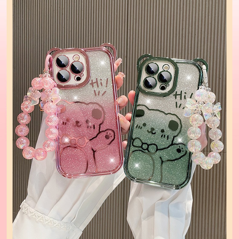 Bear de dibujos animados de brillo degradado para iPhone16promax Bear 15Promax Apple 14 funda para teléfono móvil 13
