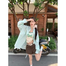 韩系薄荷绿长袖衬衫女装夏季薄款防晒衬衣外套慵懒风宽松休闲上衣