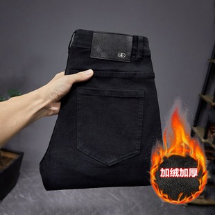 2024 Winter Pure Black Jeans Men's fleece-lined Thickened Korean Style Slim Fit Men's Skinny Foot Trendy Brand Thick Trousers