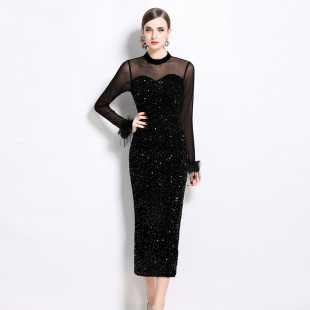 Temperament Ladies Women's dress 2025 Sexy Perspective Mesh Cuff Maomao Stitching Sequin Velvet Gown