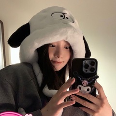 2025冬卡通毛绒帽子可爱小狗套头帽子搞怪保暖骑车系带显脸小护耳