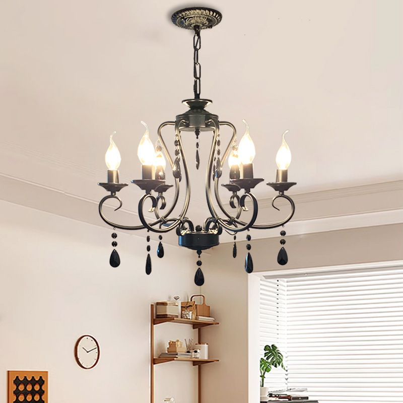 French Retro Candle Chandelier American Living Room Lamp Dining Room Bedroom Simple Pastoral Style Iron Black Crystal Lamp French Retro Candle Chandelier American Living Room Lamp Dining Room Bedroom Simple Pastoral Style Iron Black Crystal Lamp