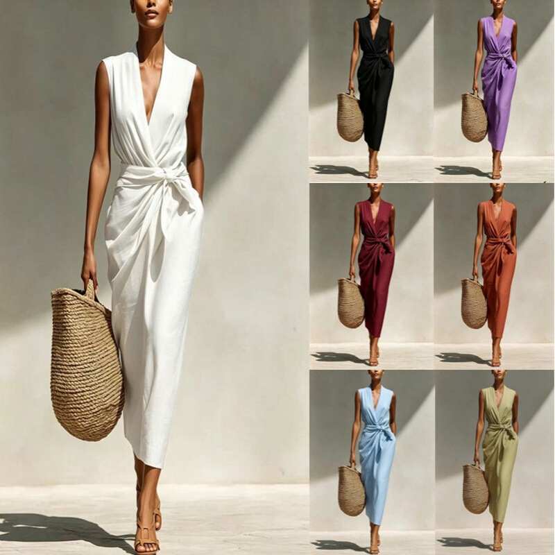 2026 Spring/Summer Cross-Border European and American Amazon Solid Color Wrap Twist V-Neck Sleeveless Cotton-Linen Feel Mid-Length Dress