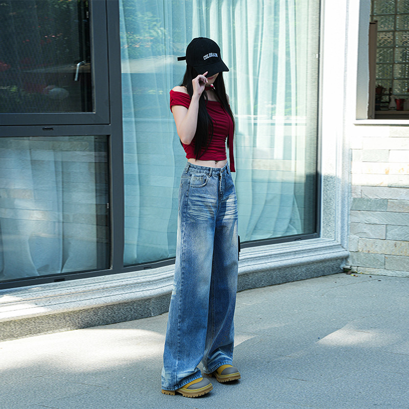 American Style Spicy Girl Wide-Leg Jeans for Women, Autumn and Winter New High-Waisted Loose Slimming Drape Floor-Length Straight Pants for Petite Figures American Style Spicy Girl Wide-Leg Jeans for Women, Autumn and Winter New High-Waisted Loose Slimming Drape Floor-Length Straight Pants for Petite Figures