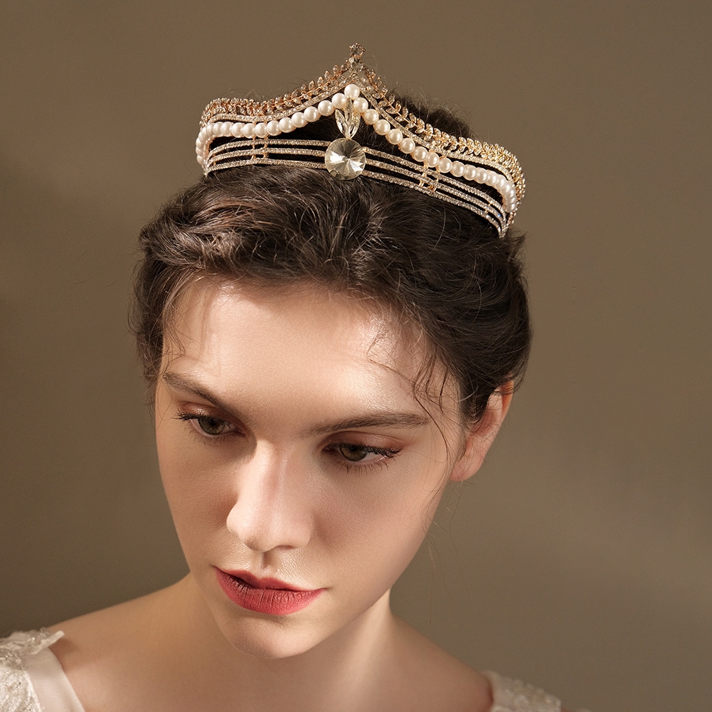 European And American Luxury Rhinestone Alloy Crown Tiara Wedding Bridal Jewelry Children's Birthday Cake Decoration Pearl Crown