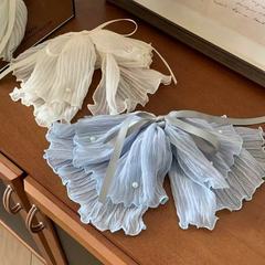 韓国スタイルのストリーマーブルーメッシュリボンパールクリップ女性のハイエンドリボンポニーテールハーフタイヘアロープトラベルヘアピン