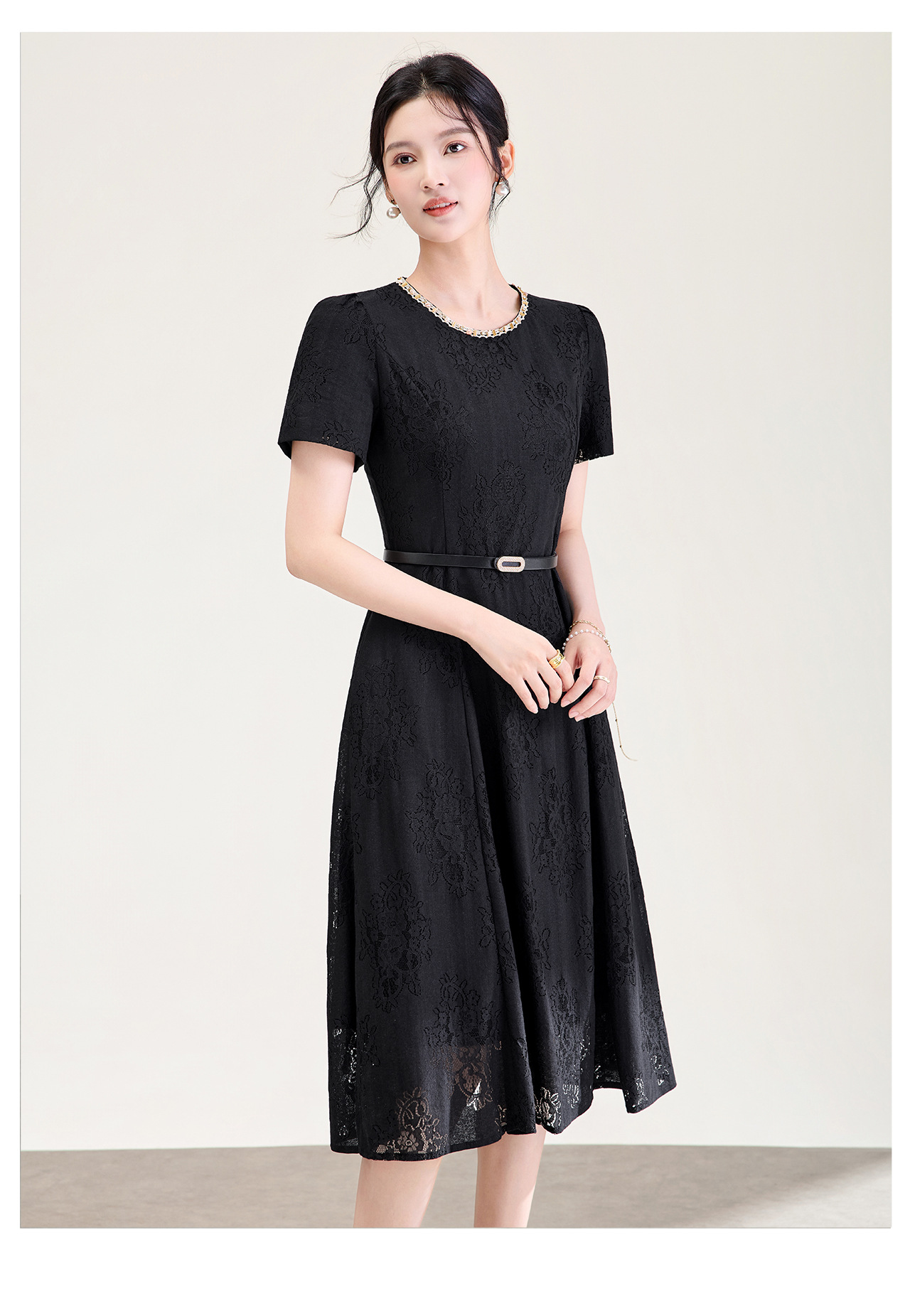 Đầm suông nữ midi thắt eo ren đính đá jacquard chữ A — màu đen chi tiết 11