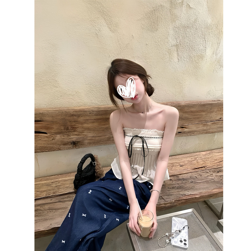 Pure Lust Style Lace Tube Top Top Women's Summer Bow Shirt Outer Wear Sexy Hot Girl