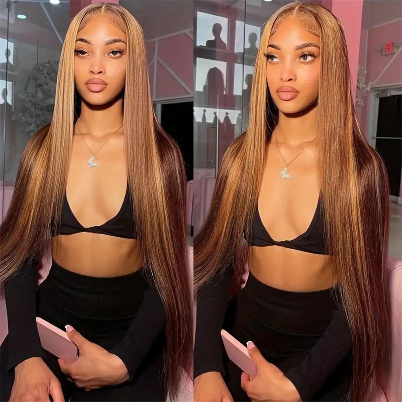 Long Straight Synthetic Lace Front Wig With Piano Highlights_voghion.com
