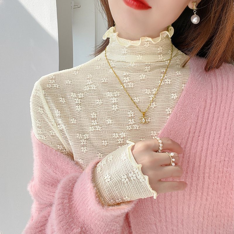 Spring and Autumn 2023 new soft glutinous half turtleneck lace bottoming shirt Women's inner wooden ear long sleeve stacked T-shirt top