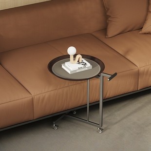Italian Minimalist Movable Side Table Wabi-Sabi Style Simple Light Luxury Trolley Saddle Leather Sofa Side Table Small Coffee Table