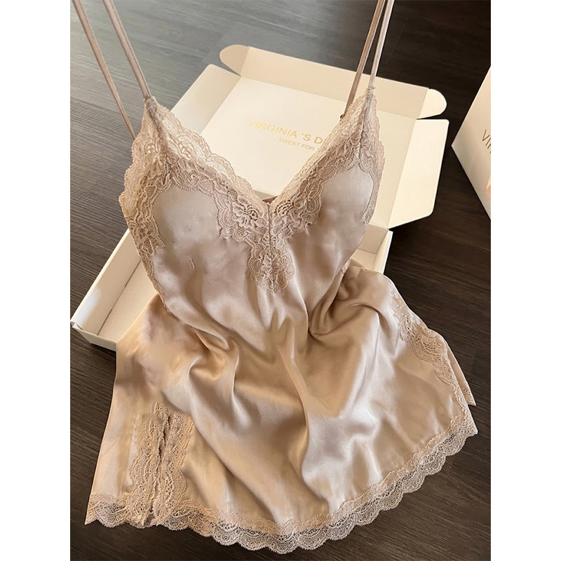 Pure Desire Style Sexy Lace Patchwork V-Neck Strap Nightgown for Women, Summer Plus Size Cool Ice Silk Homewear Dress