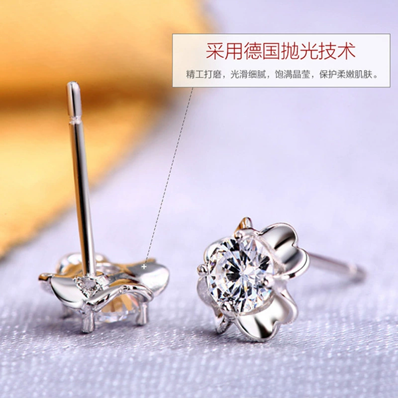 Silver fashionable earrings, accessory, four-leaf clover, Korean style
