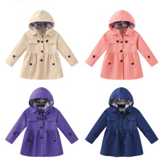 新款春秋款女童純色紐扣風衣帶帽休閒收腰韓版洋氣中大童經典風衣