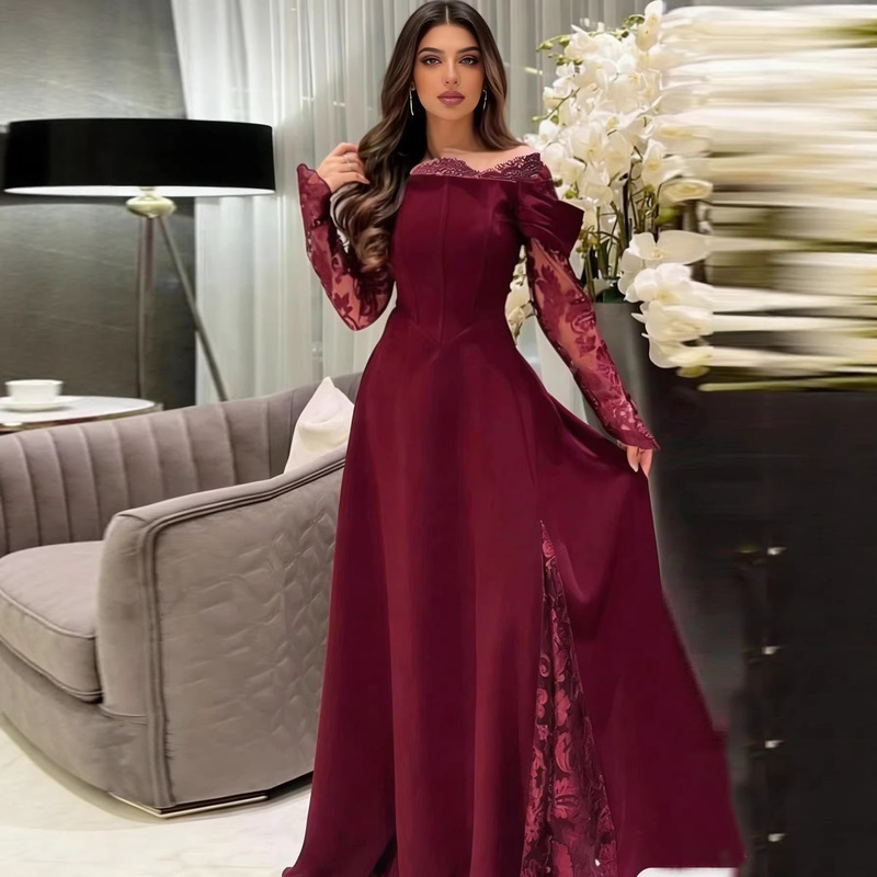 In-Stock Foreign Trade New Wine Red Lace Patchwork Long-Sleeve Evening Dress Slim Fit Banquet Party Dress
