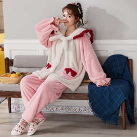 秋冬新款可爱粉色分体睡袍女套装加厚保暖家居服睡衣