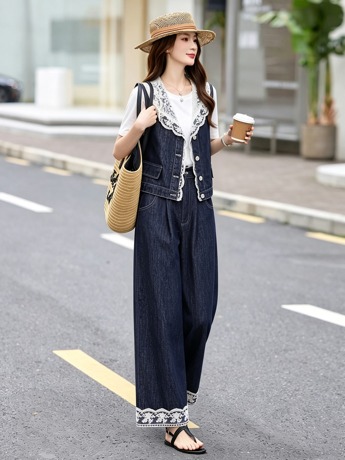 Bộ ba mảnh denim mùa hè 2026: áo khoác không tay mũ liền ren + áo thun + quần ống suông — Màu ảnh