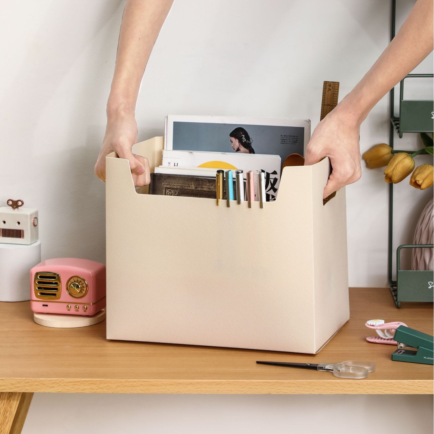 Minimalist Solid Colour Desktop Organiser Japanese Style Basket_voghion.com