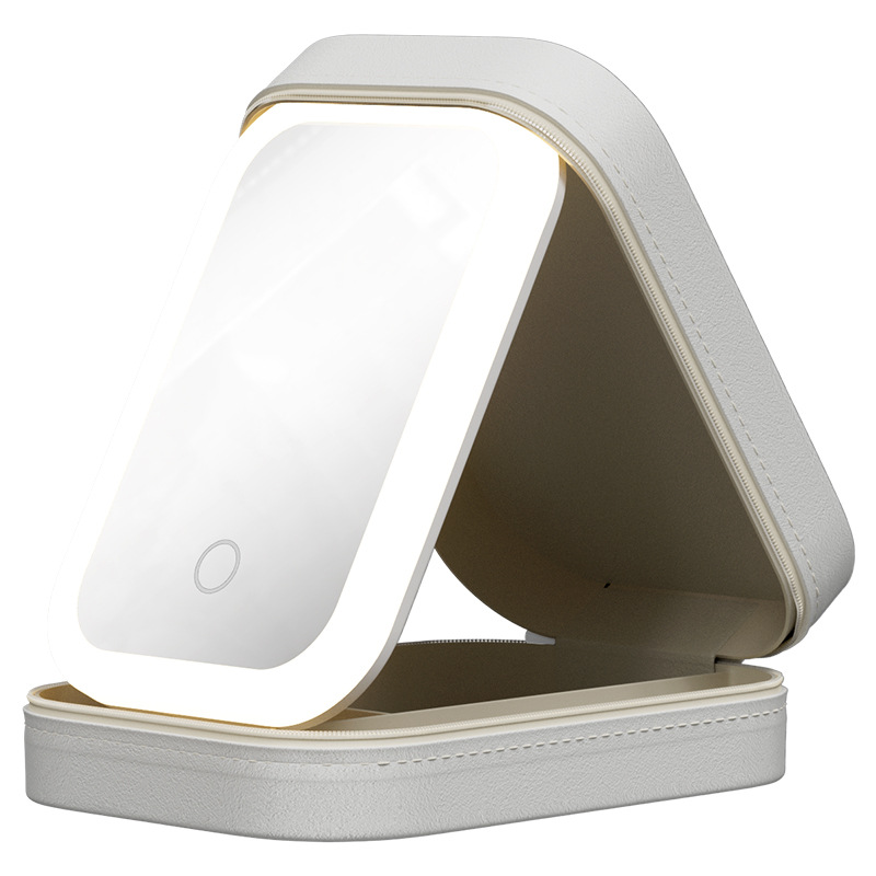 Joyero con espejo LED multifuncional – cremallera, ajuste de tres colores, almacenamiento integrado de cosméticos