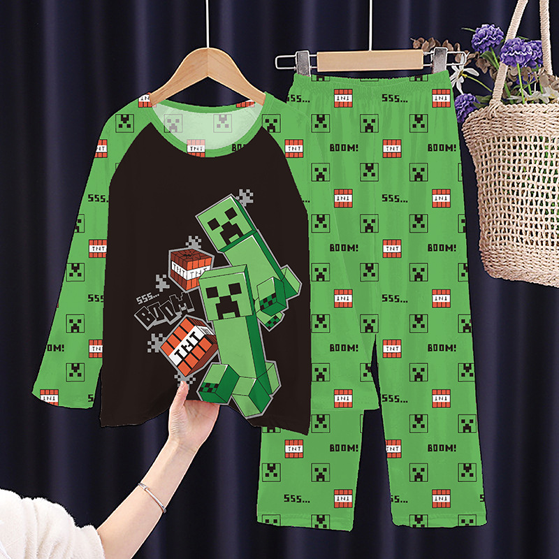 Minecraft Children's Pajamas for Girls, Spring and Autumn Long-Sleeved Thin Cartoon Set, Little Girls' Air-Conditioned Home Clothes Wholesale