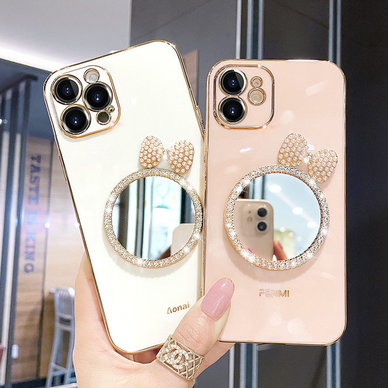 Rhinestone Pearl Mirror Suitable for Iphone17/16Pro Max Mobile Phone Case Apple 15 Butterfly 14 Protective Cover 13