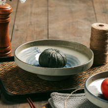 日式复古陶瓷年年有鱼高脚盘碗直边碟碗手绘青花创意民宿酒店餐具