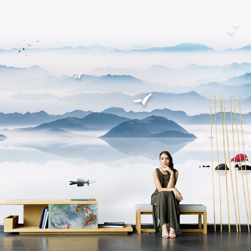 设计蓝天白云电视背景墙布海景沙发风景壁纸大自然3D立体壁画壁布