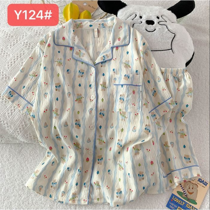 Pijamas de algodón de nube al por mayor transfronterizo para mujer nueva rebeca de verano solapa pantalones cortos de manga corta traje de servicio a domicilio dulce y lindo
